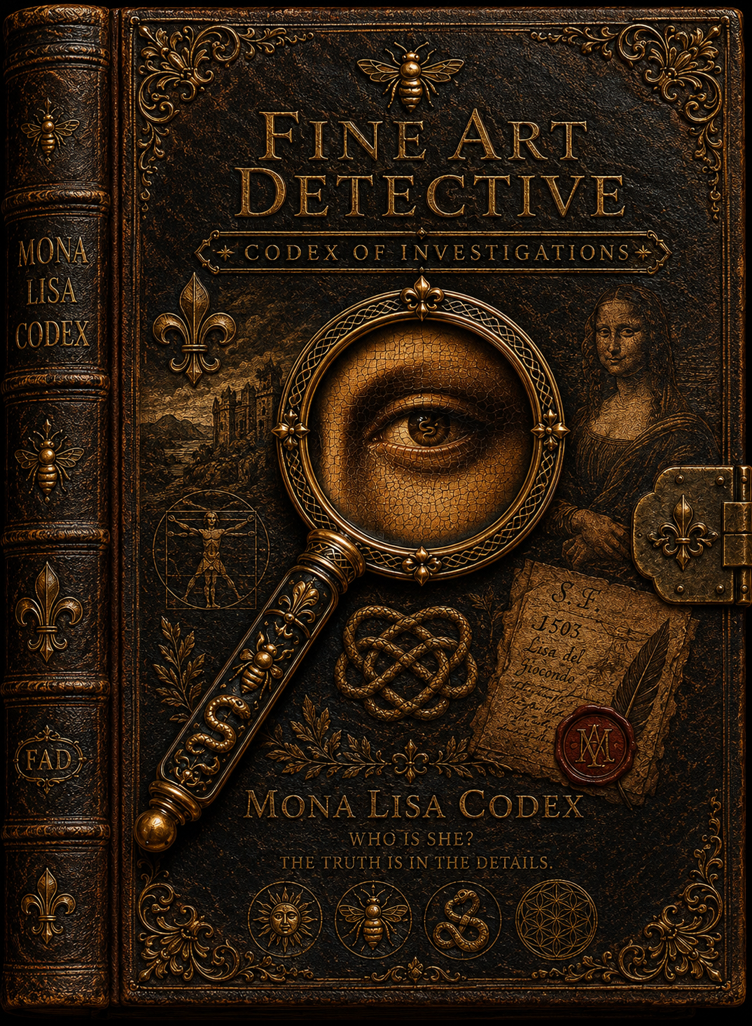 The Mona Lisa Codex — a gold-tooled leather volume with a magnifying glass over a cracked Renaissance eye, the Mona Lisa, a 1503 note sealed in wax, and the line ‘Who is she? The truth is in the details.’