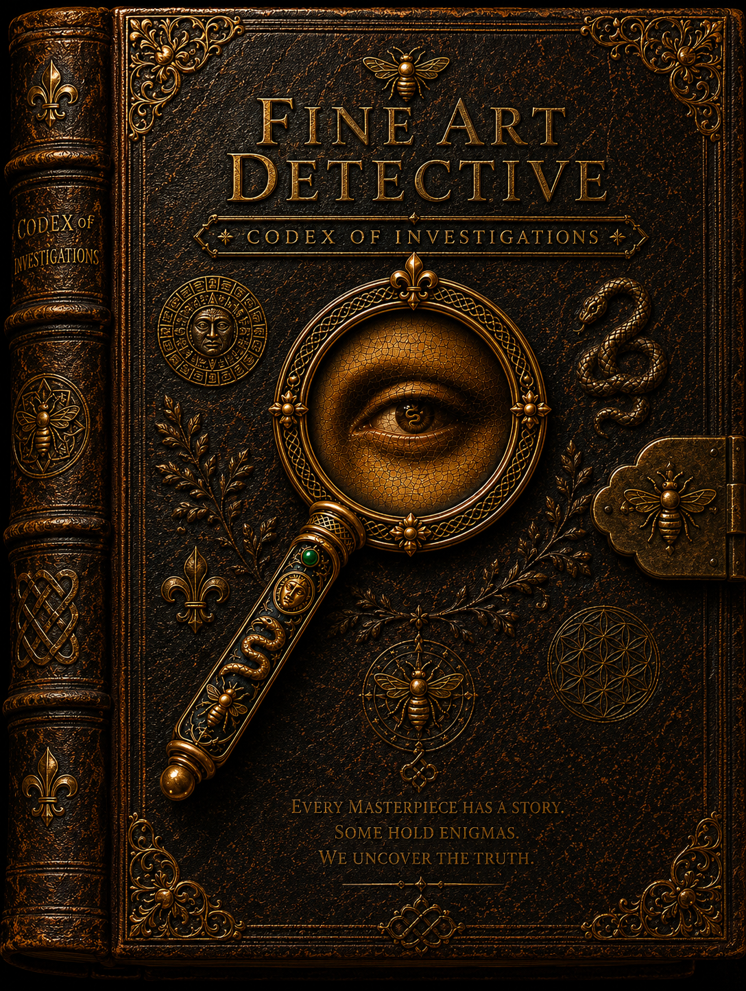 The Fine Art Detective Codex of Investigations — an ornate leather-bound volume