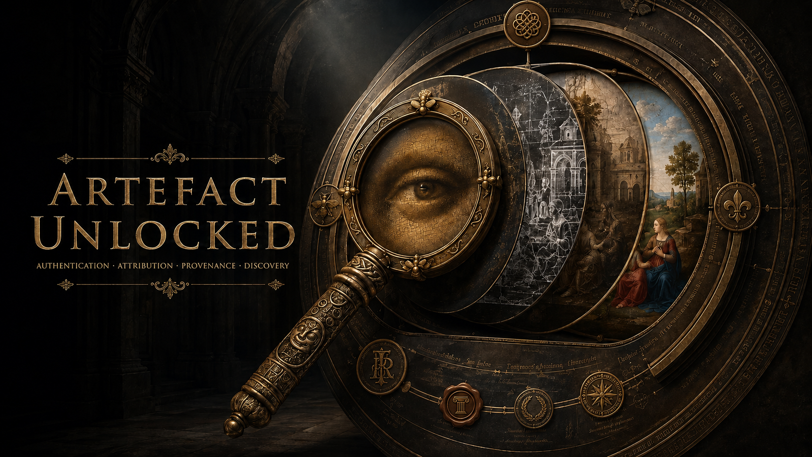 Artefact Unlocked — an antique brass magnifying glass held over layered Renaissance paintings, revealing a cracked, aged eye, ringed by gold seals and inscriptions on a black ground.